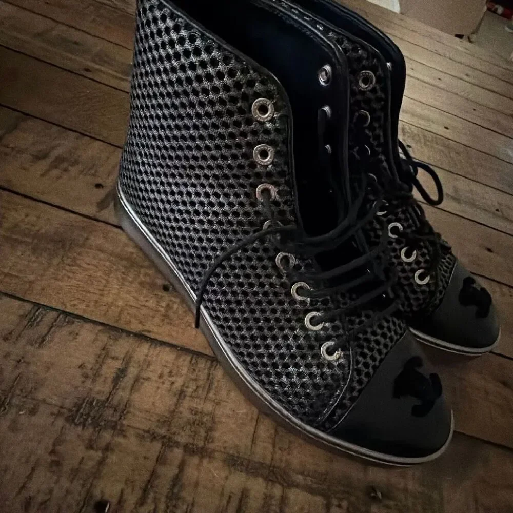 Chanel Black Mesh and Leather CC Cap Toe High Top Sneakers Size 36